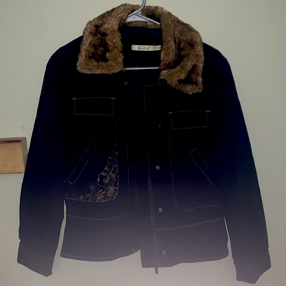 Black denim jacket.  With fur collar.